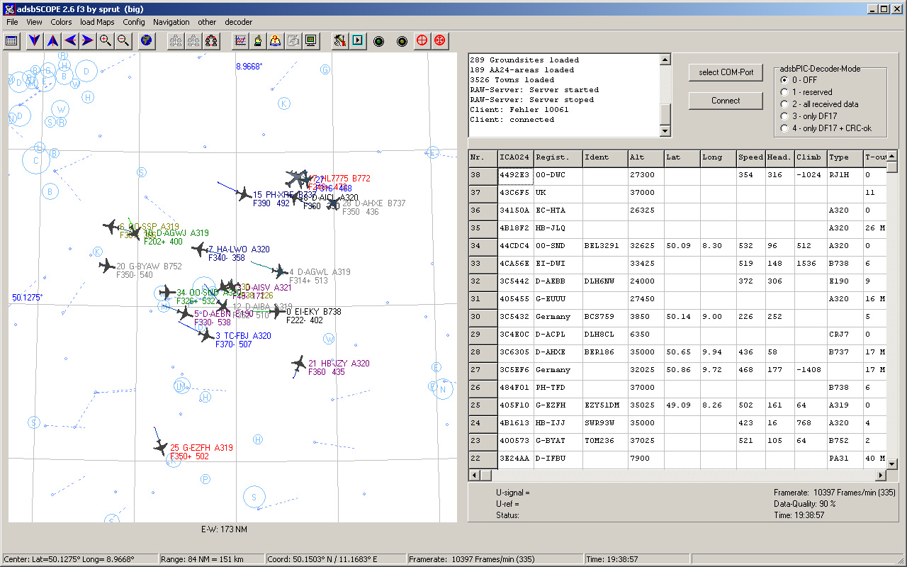 Programm adsbSCOPE im Live Betrieb