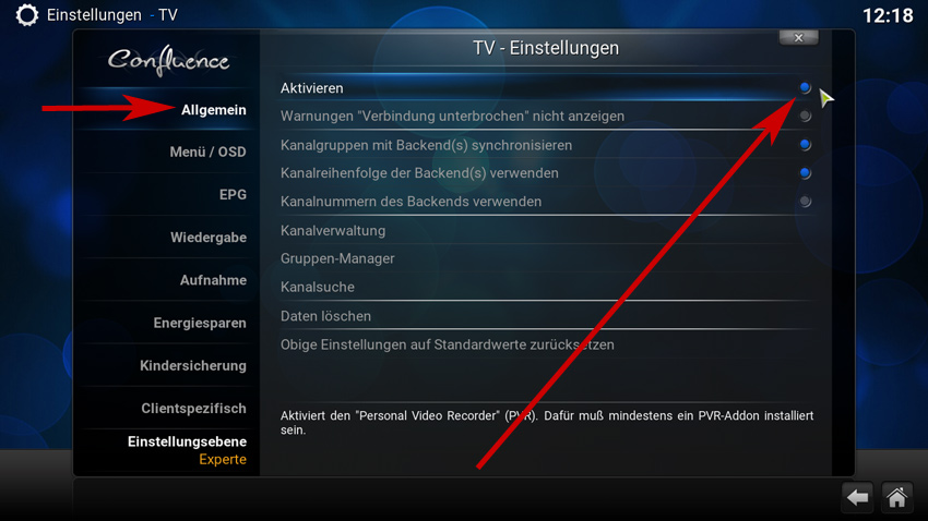 Bei den Kodi TV-Einstellungen auf ALLGEMEIN wechseln und den Button AKTIVIEREN anklicken