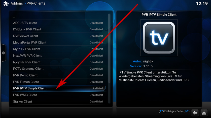 Schließlich das Programm PVR IPTV SIMPLE CLIENT auswählen und anklicken