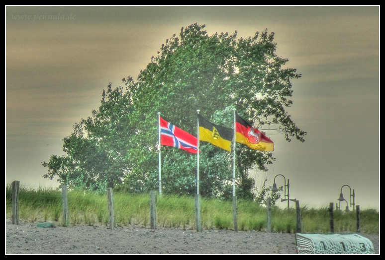 Hochkontrastbild Strand mit Flaggen
