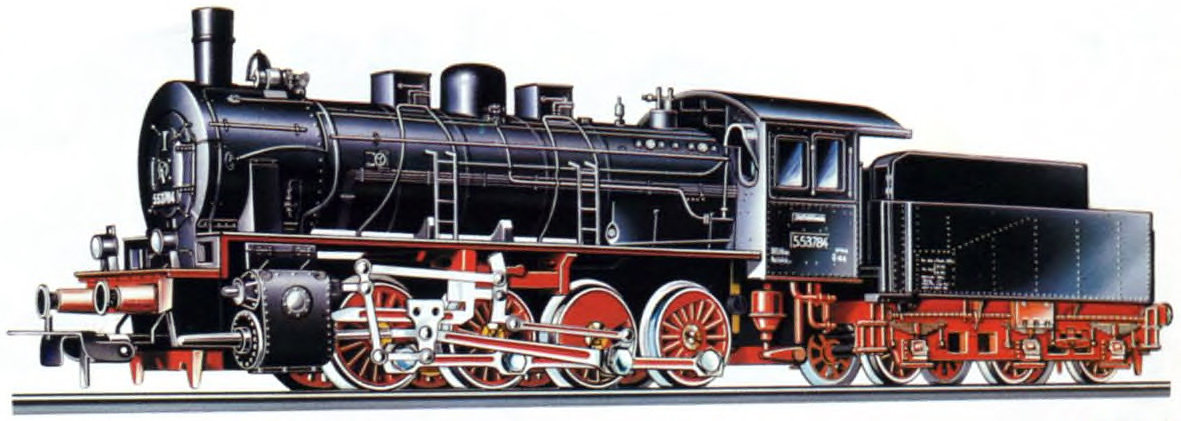 PIKO Dampflokomotive. 5/6302 Modell der Güterzuglokomotive BR 55 (preuß. G 8) der DR. Achsfolge D, LüP: 210 mm. Vorbildgetreue Ausführung in allen Details, Farbgebung und Beschriftung. Alle 4 Radsätze angetrieben. Ein Radsatz mit Haftreifen belegt.