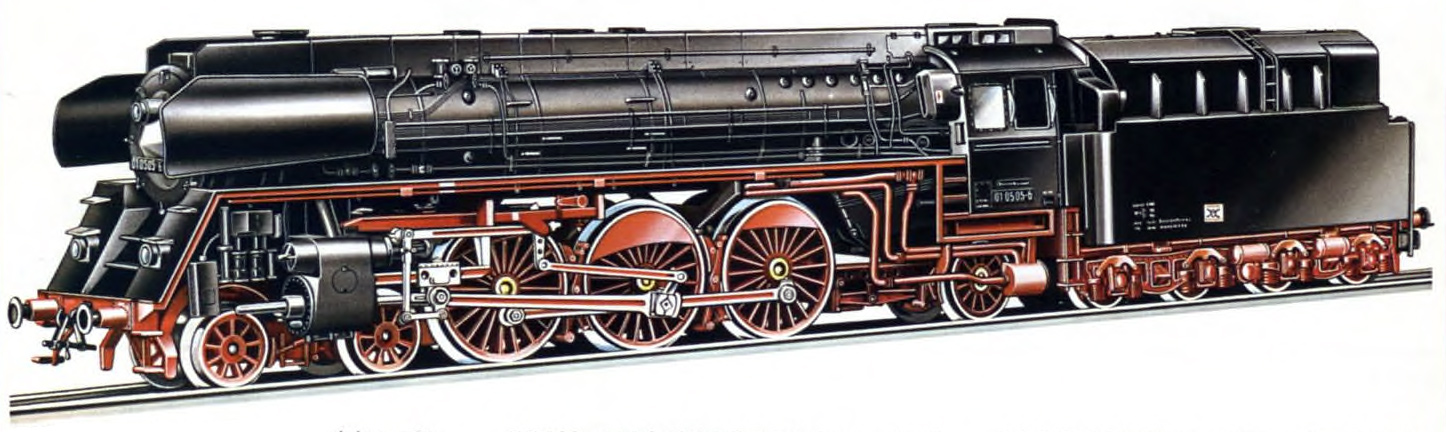 PIKO Dampflokomotive. 5/6320 Modell der Schnellzuglokomotive BR 01 der DR mit Öltender. Achsfolge 2'C 1'; LüP: 281.6 mm; Vorbildgetreue Ausführung in allen Details, Farbgebung und Beschriftung; Antrieb im Tender; 2 Radsätze angetrieben und mit Haftreifen belegt.