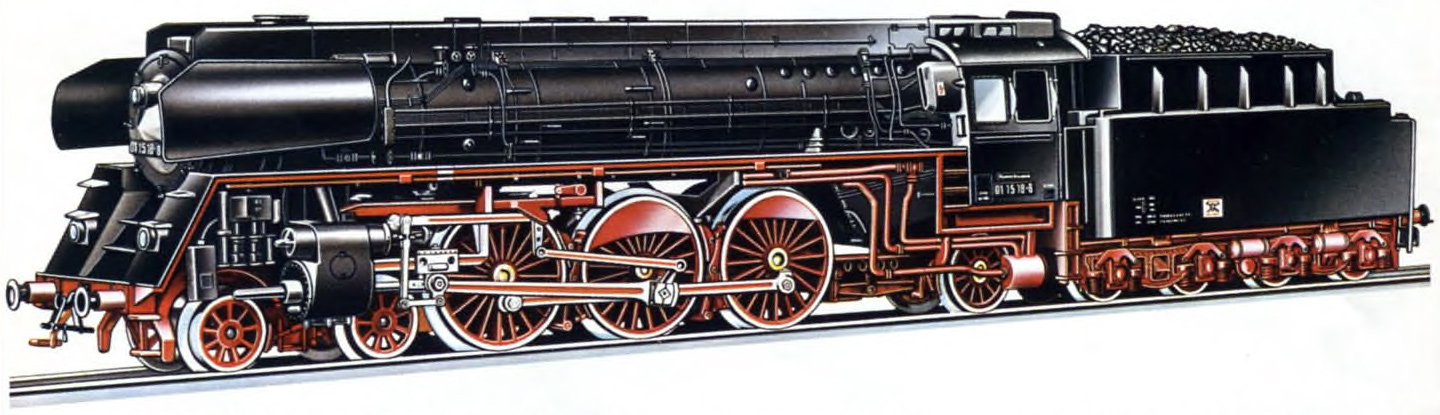 PIKO Dampflokomotive. 5/6325 Modell der Schnellzuglokomotive BR 01 der DR mit Kohletender. Achsfolge 2'C 1'; LüP: 281.6 mm; Vorbildgetreue Ausführung in allen Details, Farbgebung und Beschriftung; Antrieb im Tender; 2 Radsätze angetrieben und mit Haftreifen belegt.