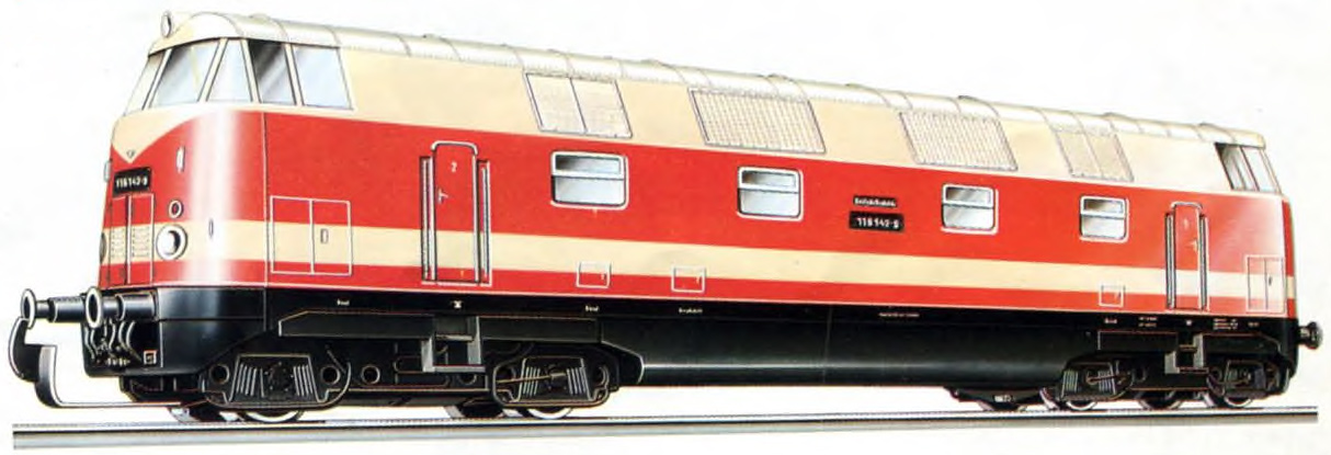 PIKO Diesel-Lokomotive. 190/EM 19 Modell der Diesellokomotive BR 118.1 der DR. Achsfolge B'B', LüP: 223 mm. Vorbildgetreue Ausführung in allen Details, Farbgebung und Beschriftung, alle Radsätze angetrieben, beleuchtete Spitzensignale.