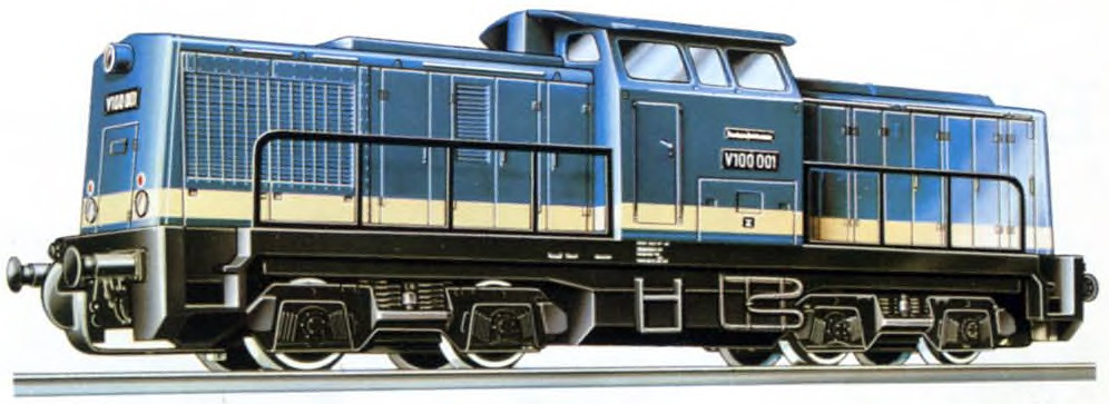 PIKO Diesel-Lokomotive. 190/EM 17 Modell der Diesellokomotive V100 der DR. Achsfolge B'B', LüP: 160 mm. Vorbildgetreue Ausführung in allen Details, Farbgebung und Beschriftung, beleuchtetes Dreilicht-Spitzensignal, alle Radsätze angetrieben.