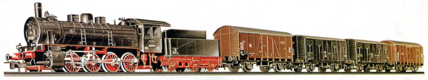PIKO-Expert Programm: 5/0522 Güterzug-Geschenkpackung. 1 Dampflokomotive BR 55 DR, 2 gedeckte Güterwagen 5/6446/010, 2 gedeckte Güterwagen 5/6449/173, Anschlußlitze. Gleise: 16 x 5/6810, 3 x 5/6800, 1 x 5/6820