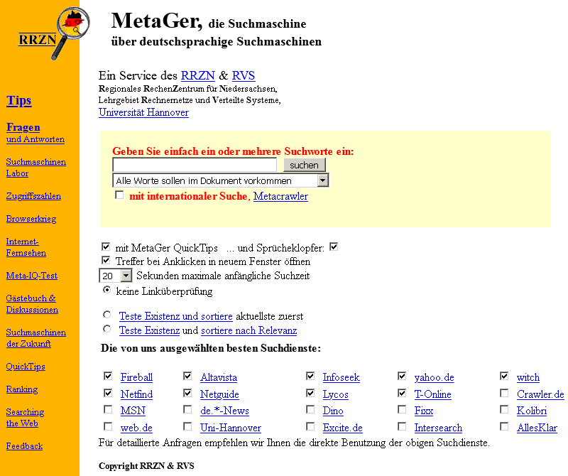 Screenshot Metager, November 1999