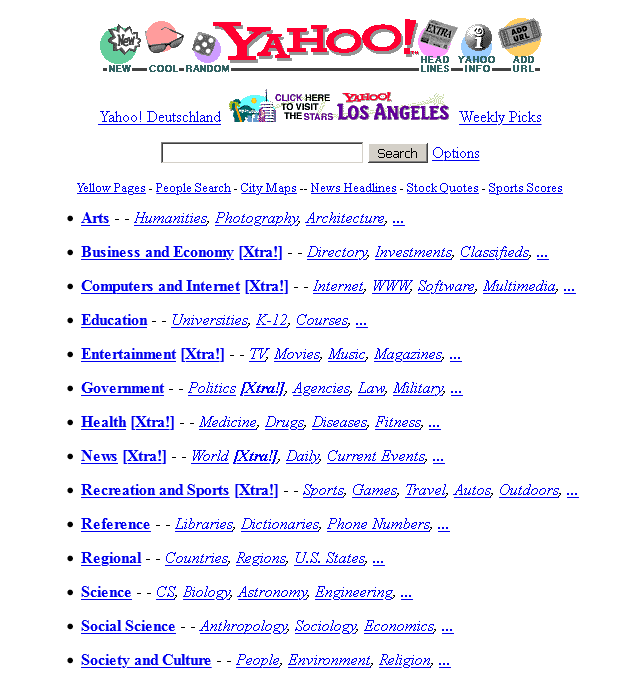 Screenshot Yahoo, Oktober 1996