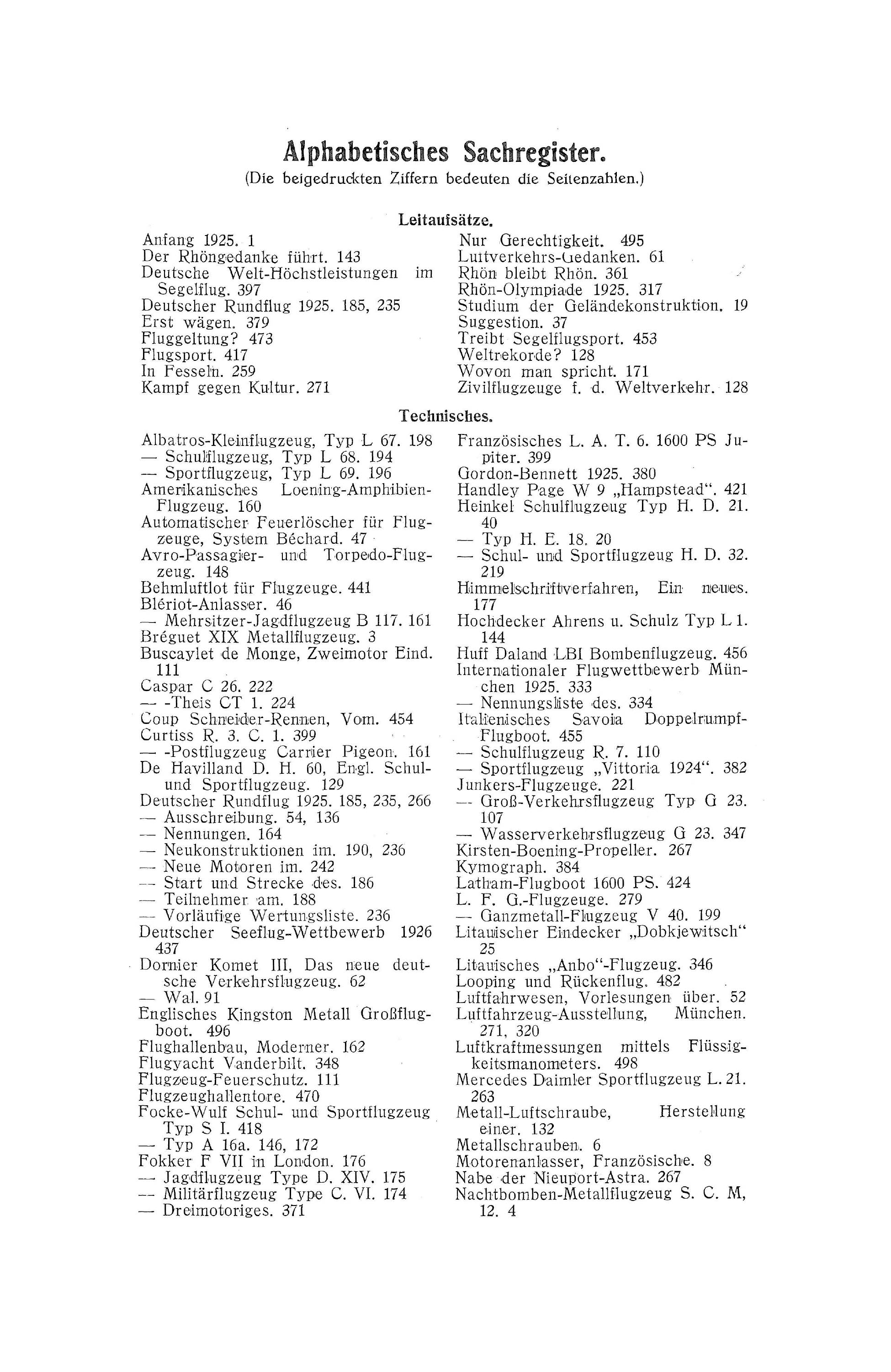 Sachregister und Inhaltsverzeichnis der Zeitschrift Flugsport 1925
