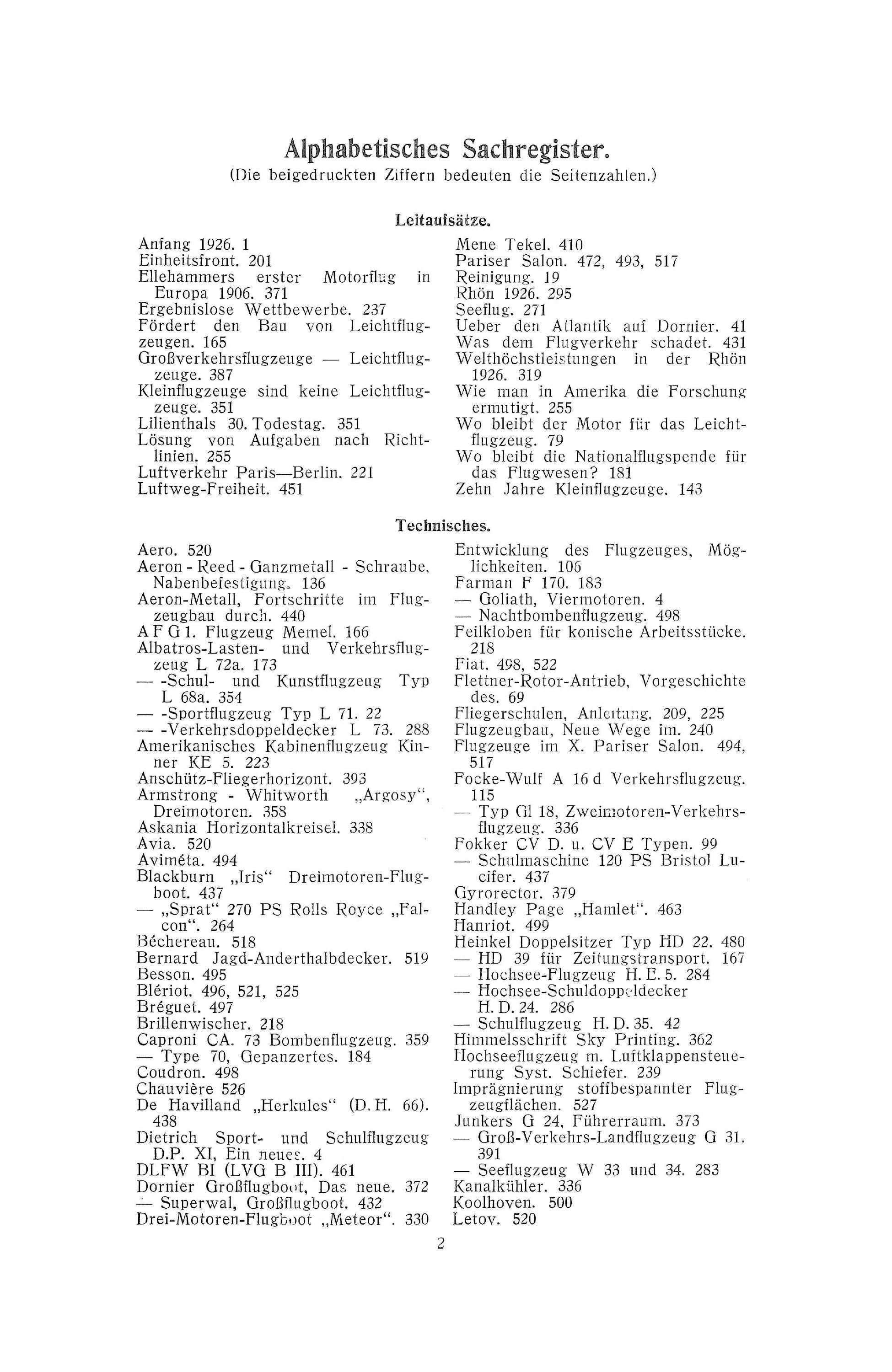 Sachregister und Inhaltsverzeichnis der Zeitschrift Flugsport 1926