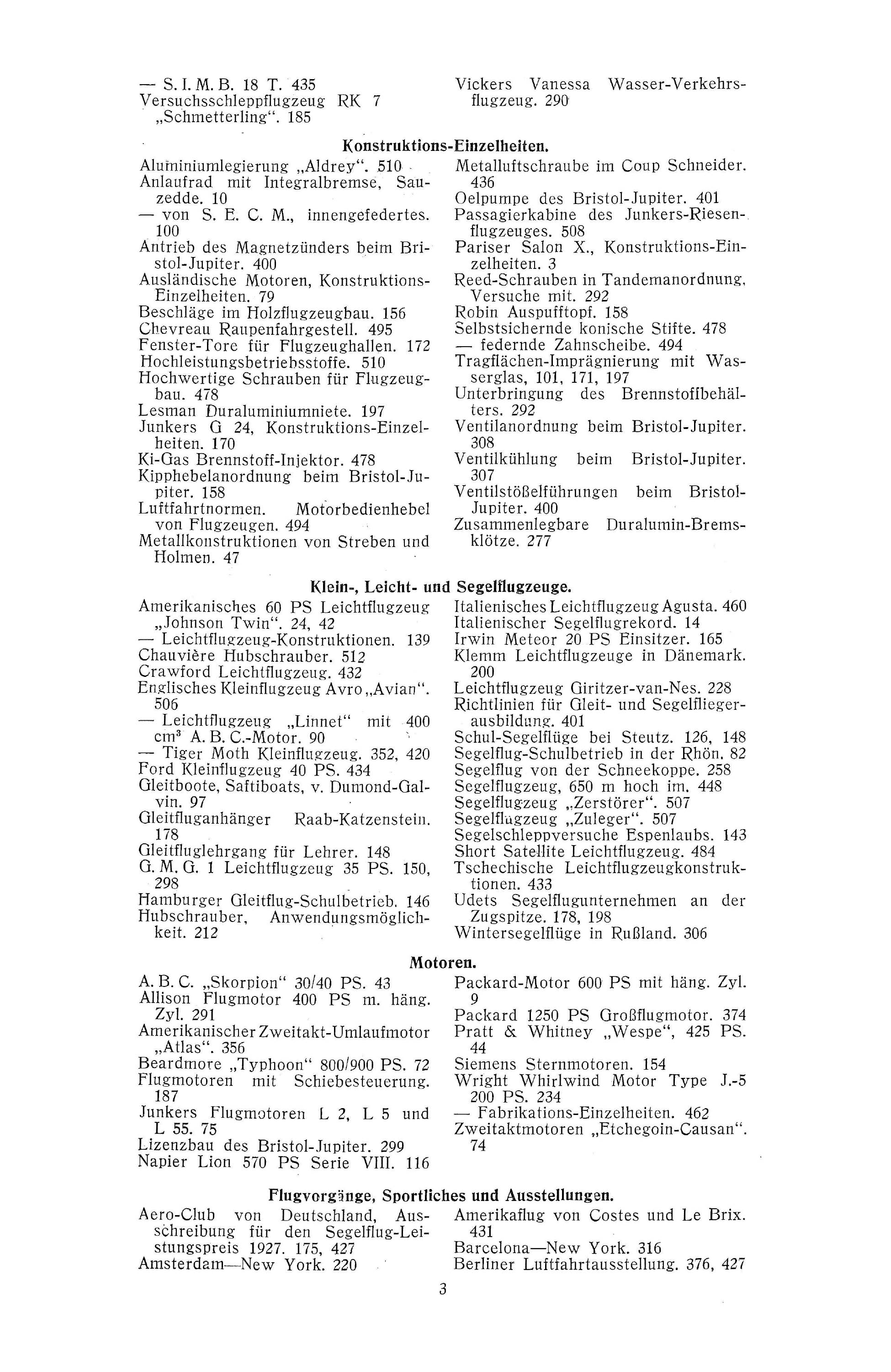 Sachregister und Inhaltsverzeichnis der Zeitschrift Flugsport 1927