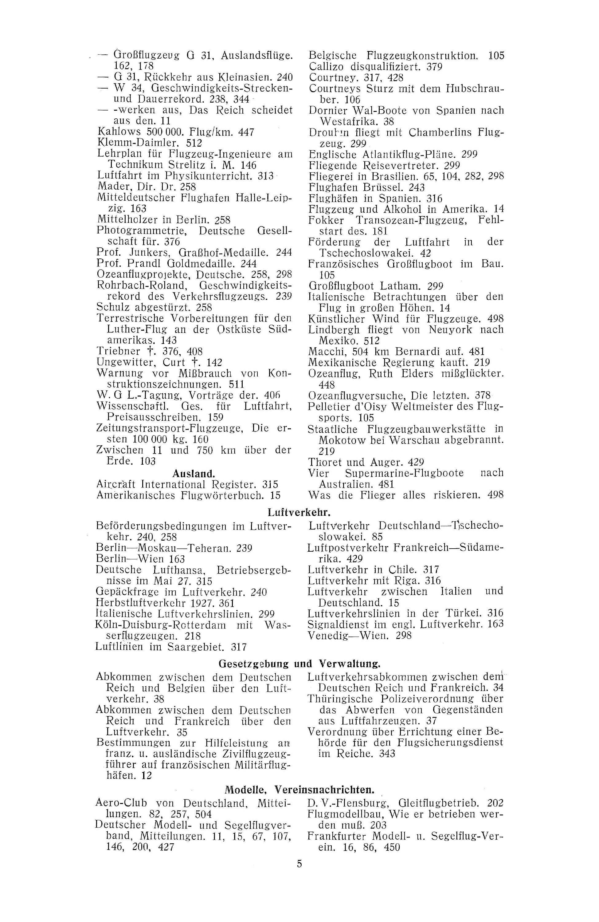 Sachregister und Inhaltsverzeichnis der Zeitschrift Flugsport 1927
