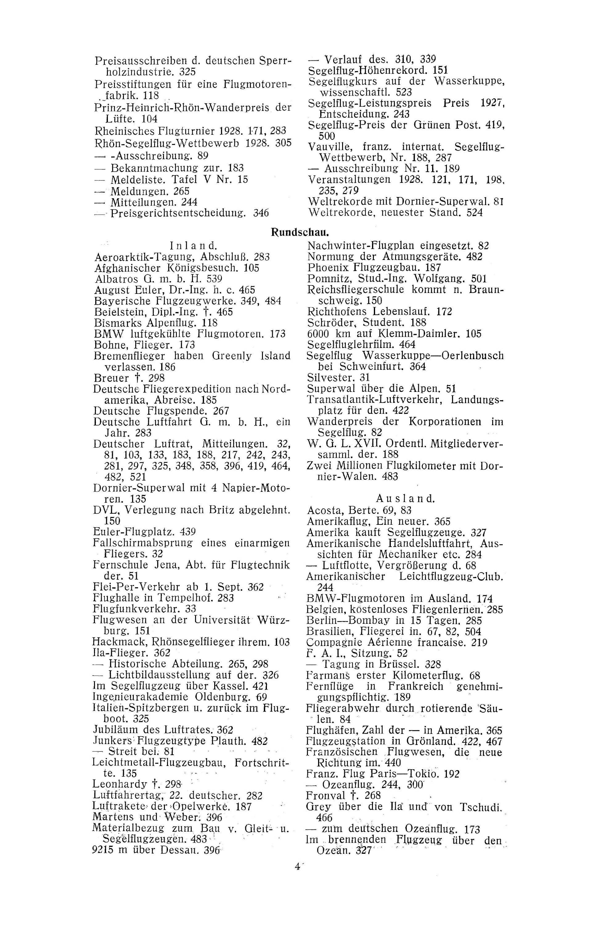 Sachregister und Inhaltsverzeichnis der Zeitschrift Flugsport 1928