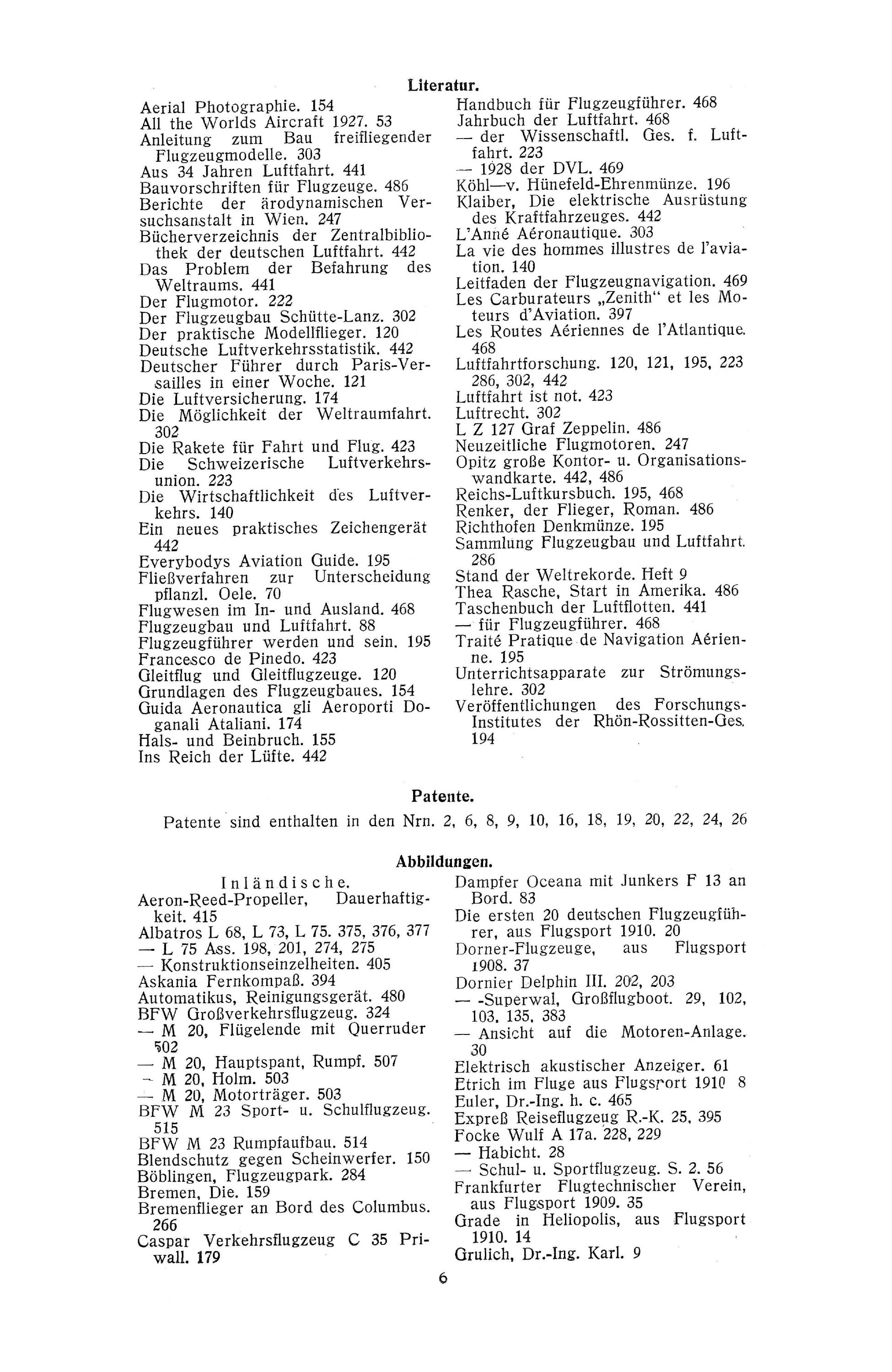 Sachregister und Inhaltsverzeichnis der Zeitschrift Flugsport 1928