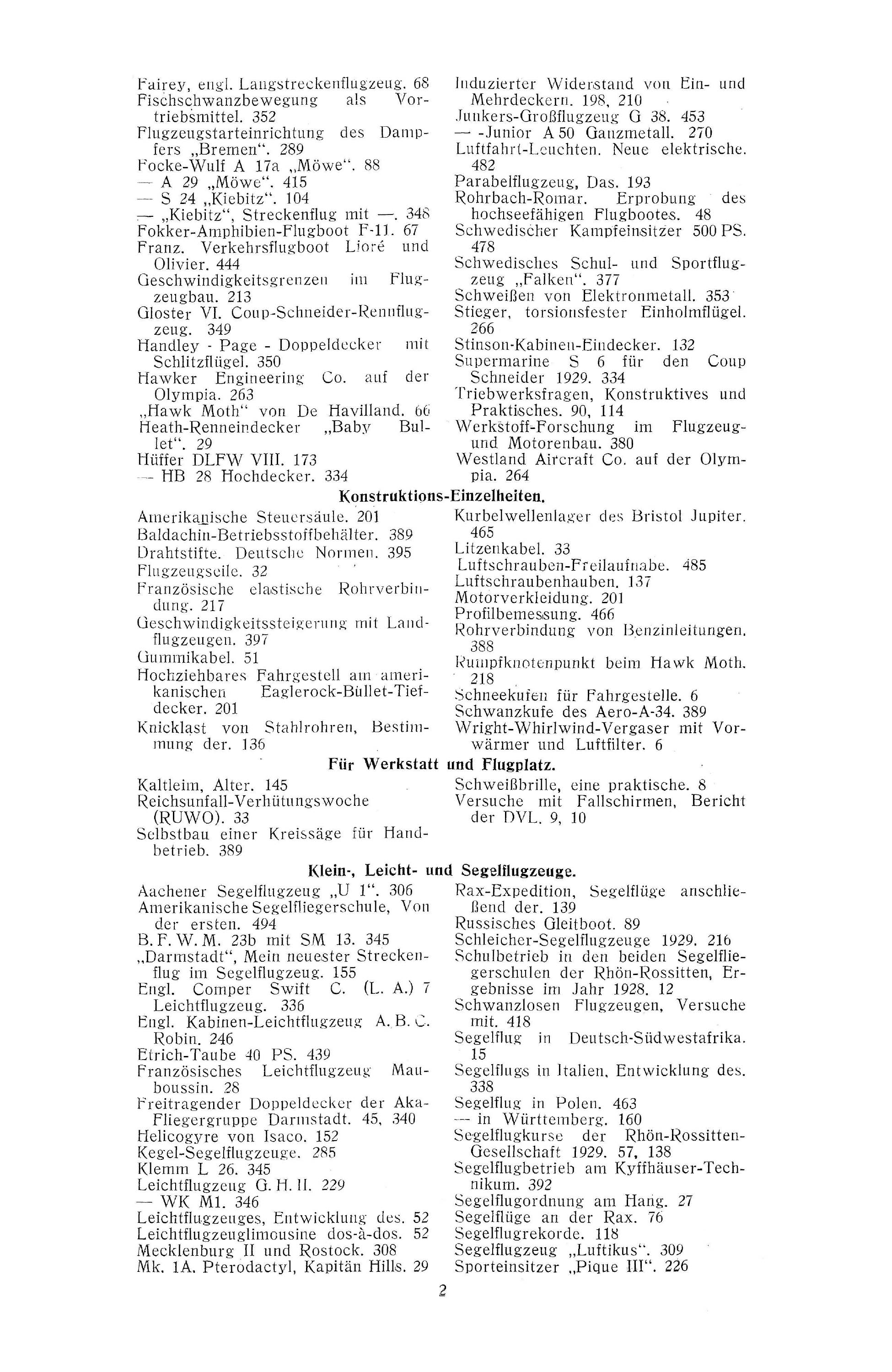 Sachregister und Inhaltsverzeichnis der Zeitschrift Flugsport 1929