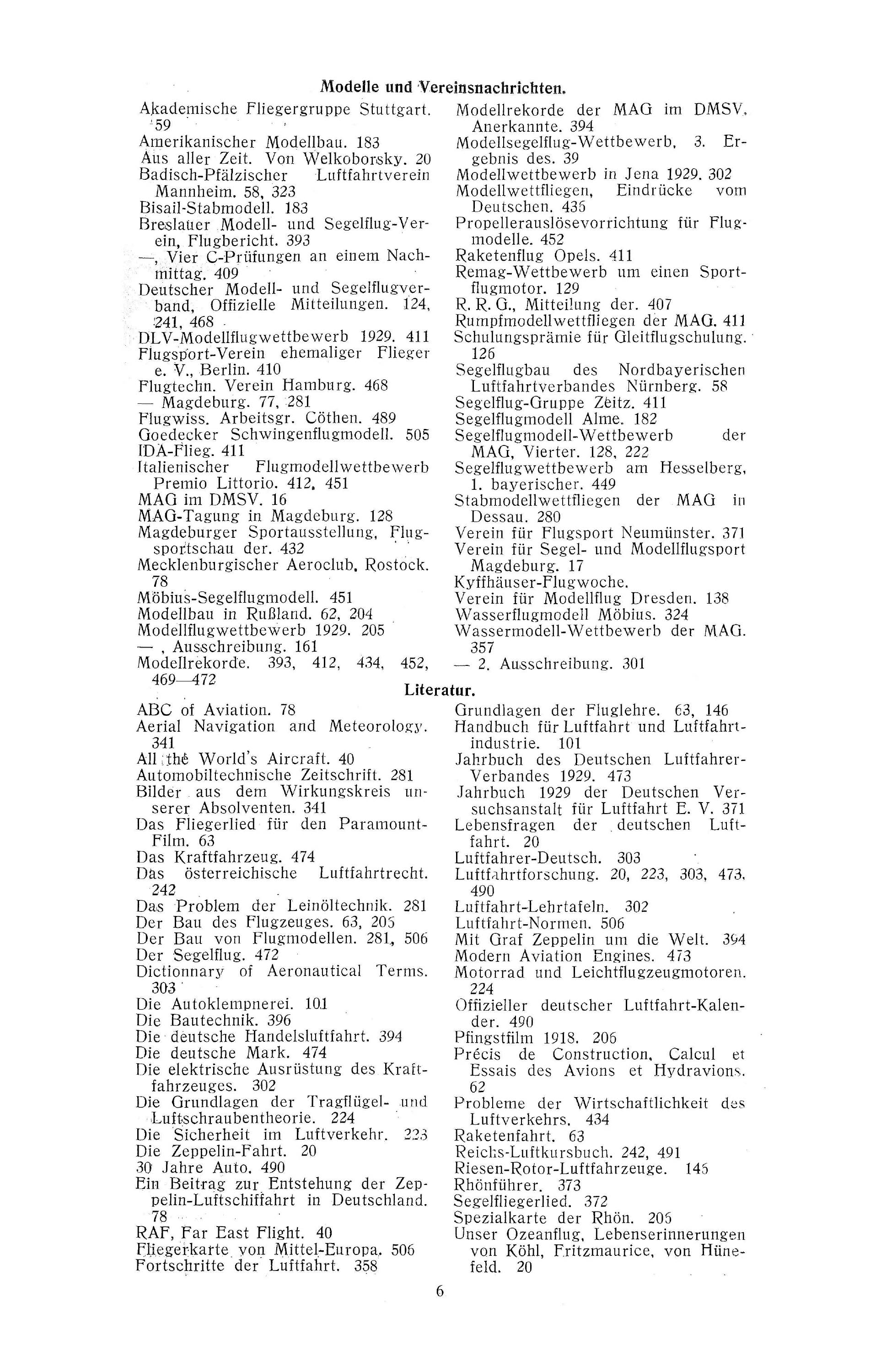 Sachregister und Inhaltsverzeichnis der Zeitschrift Flugsport 1929