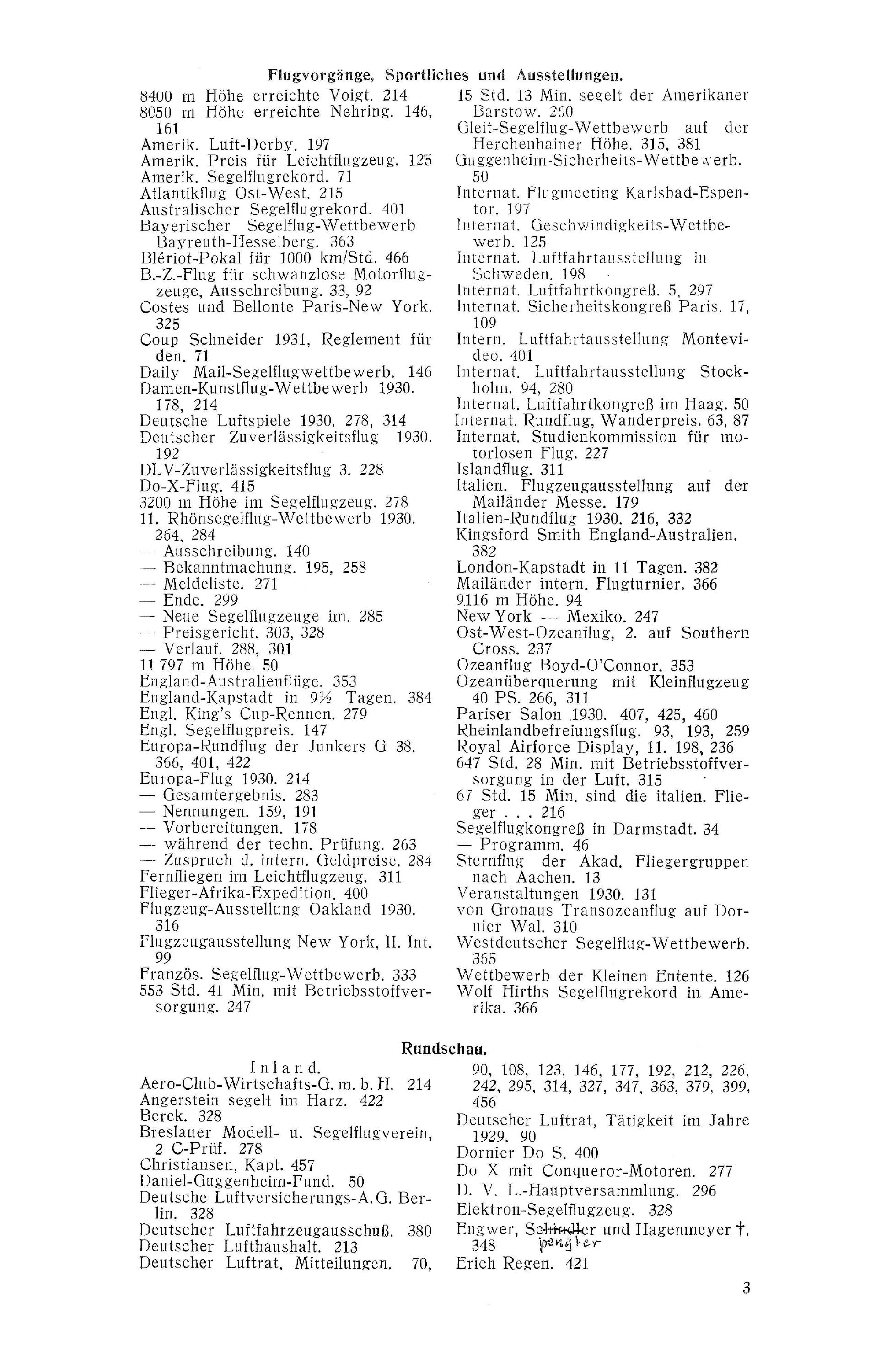 Sachregister und Inhaltsverzeichnis der Zeitschrift Flugsport 1930