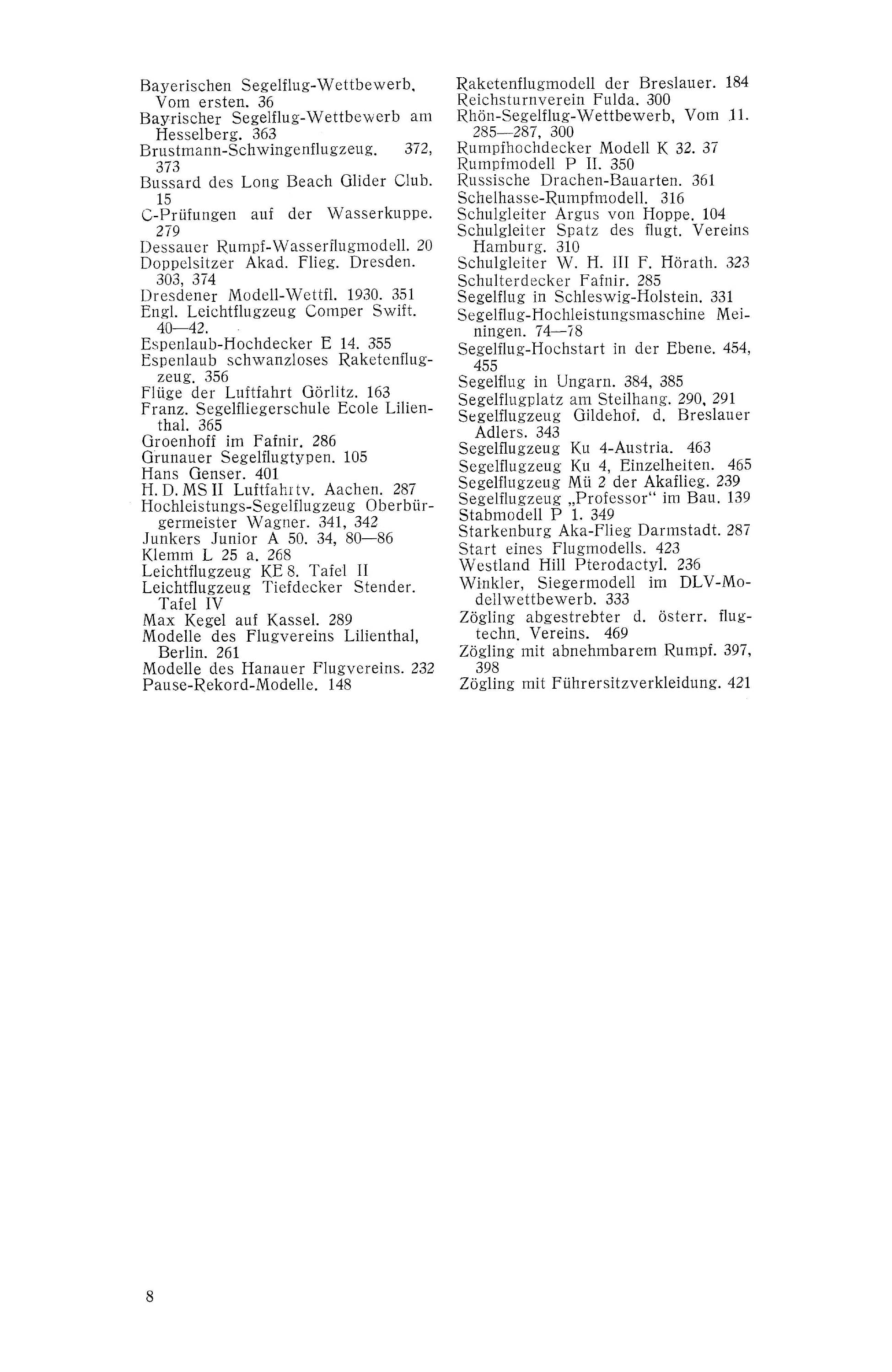 Sachregister und Inhaltsverzeichnis der Zeitschrift Flugsport 1930