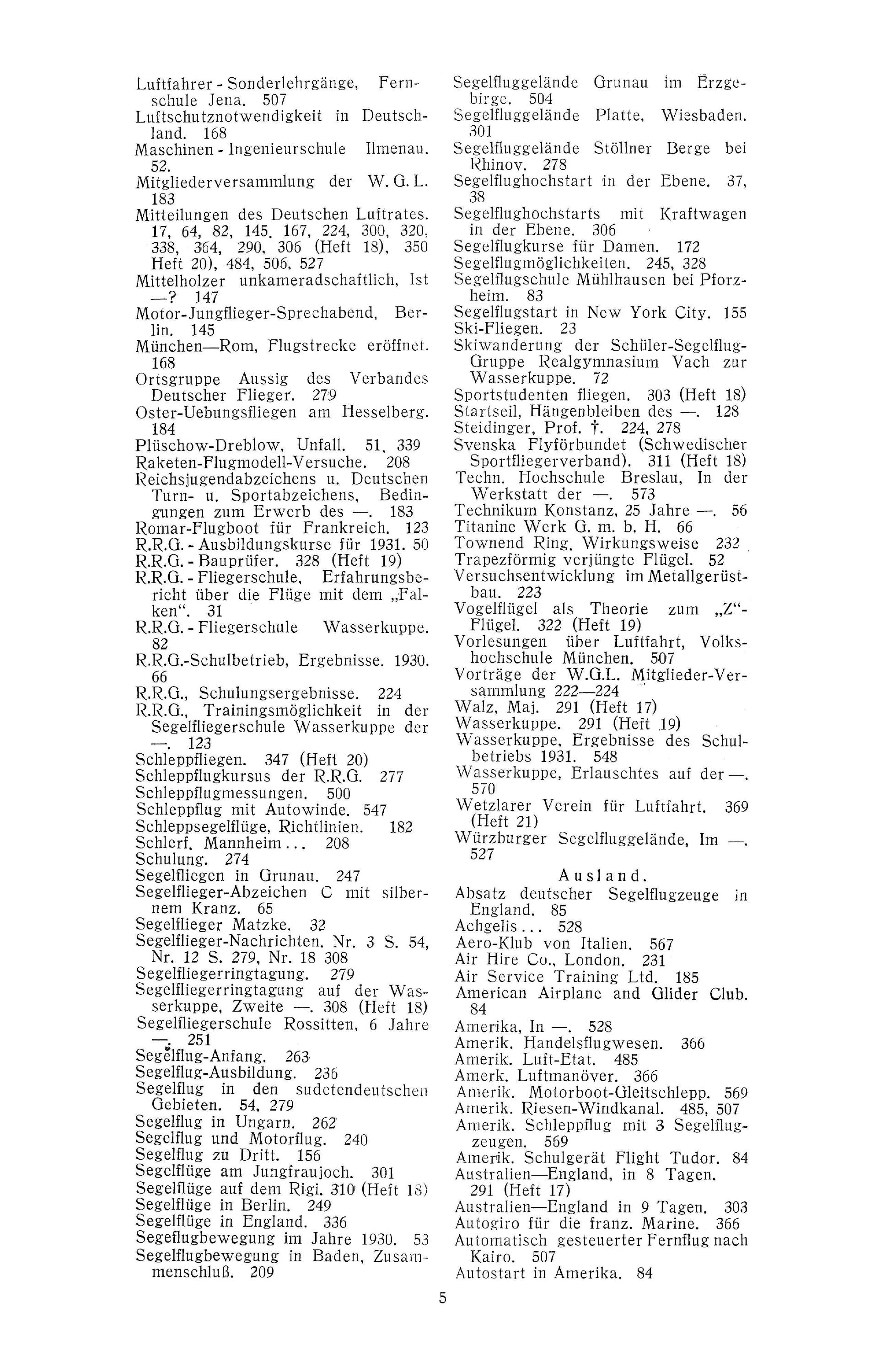 Sachregister und Inhaltsverzeichnis der Zeitschrift Flugsport 1931