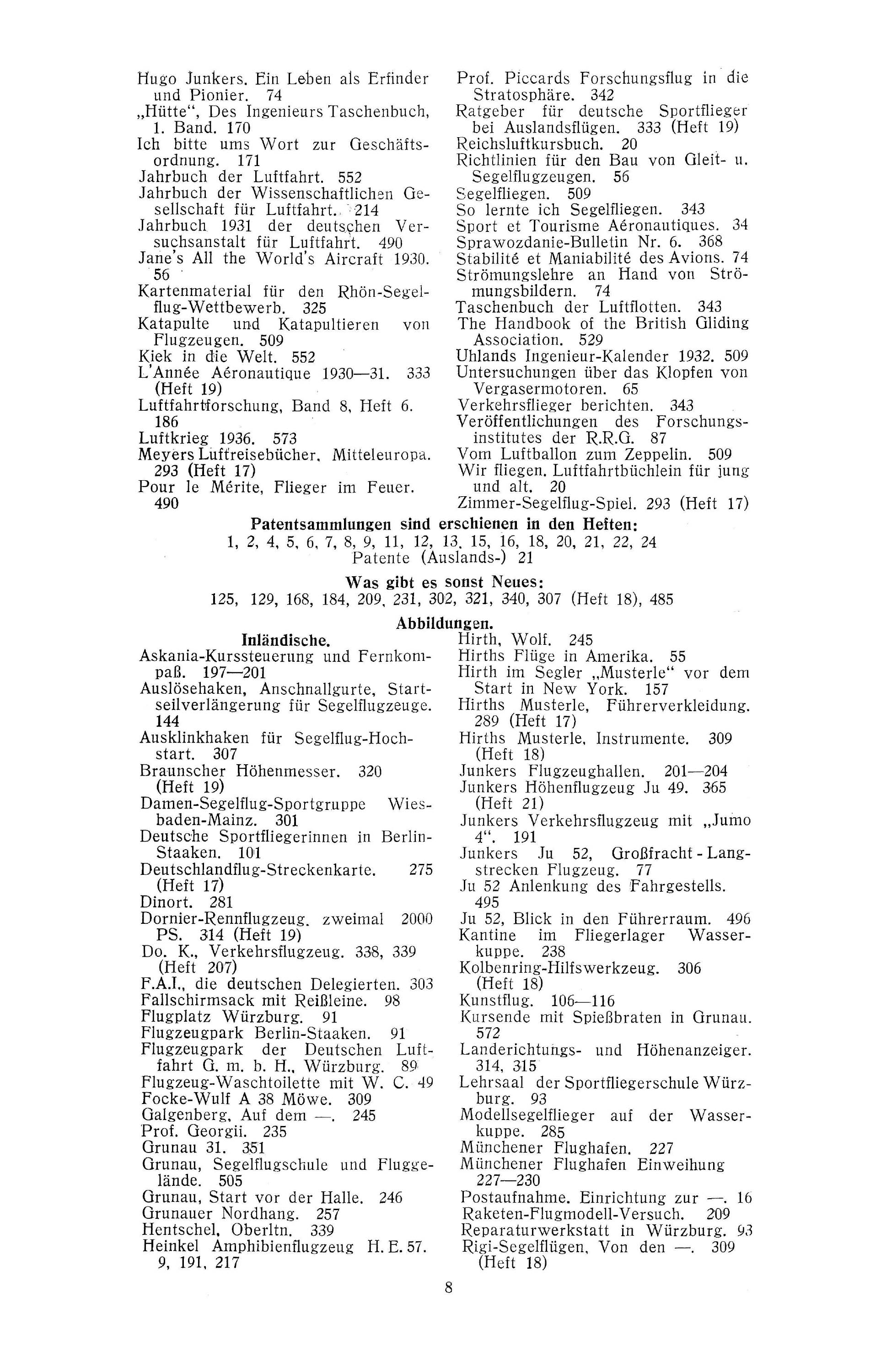 Sachregister und Inhaltsverzeichnis der Zeitschrift Flugsport 1931