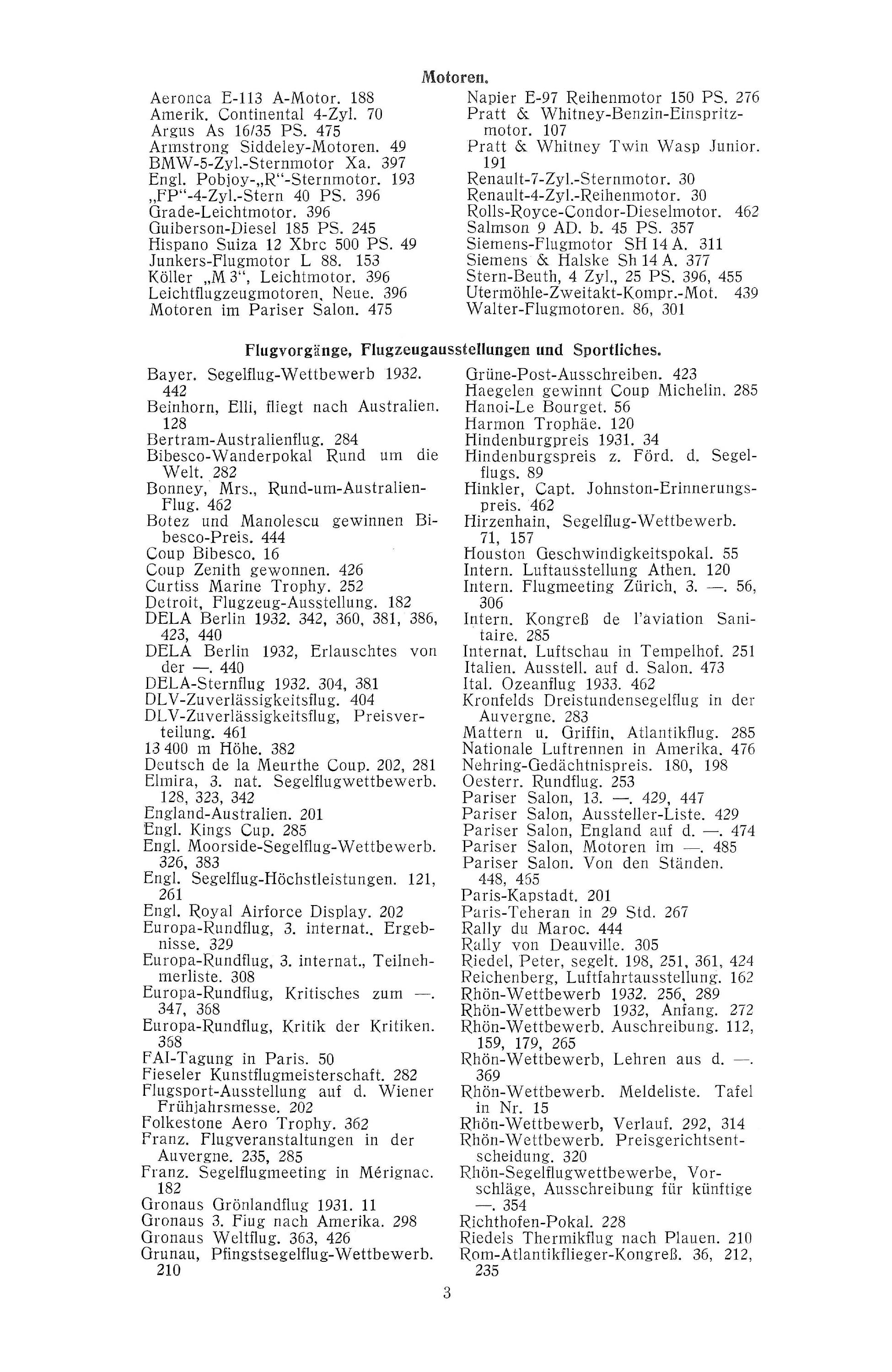 Sachregister und Inhaltsverzeichnis der Zeitschrift Flugsport 1932