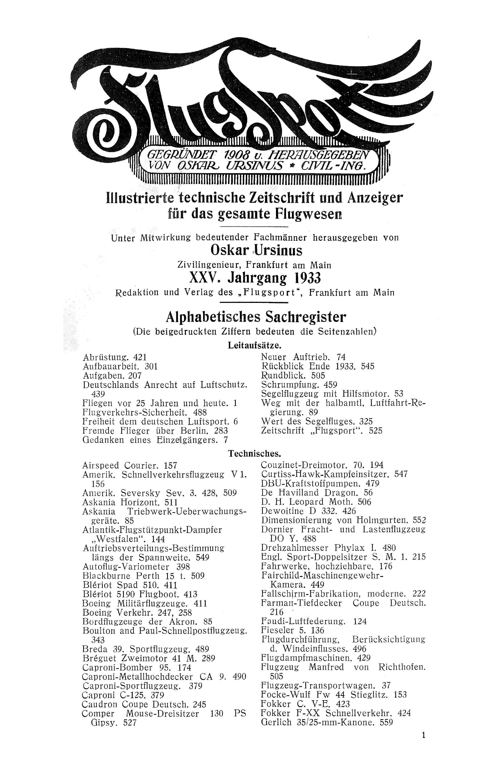 Sachregister und Inhaltsverzeichnis der Zeitschrift Flugsport 1933