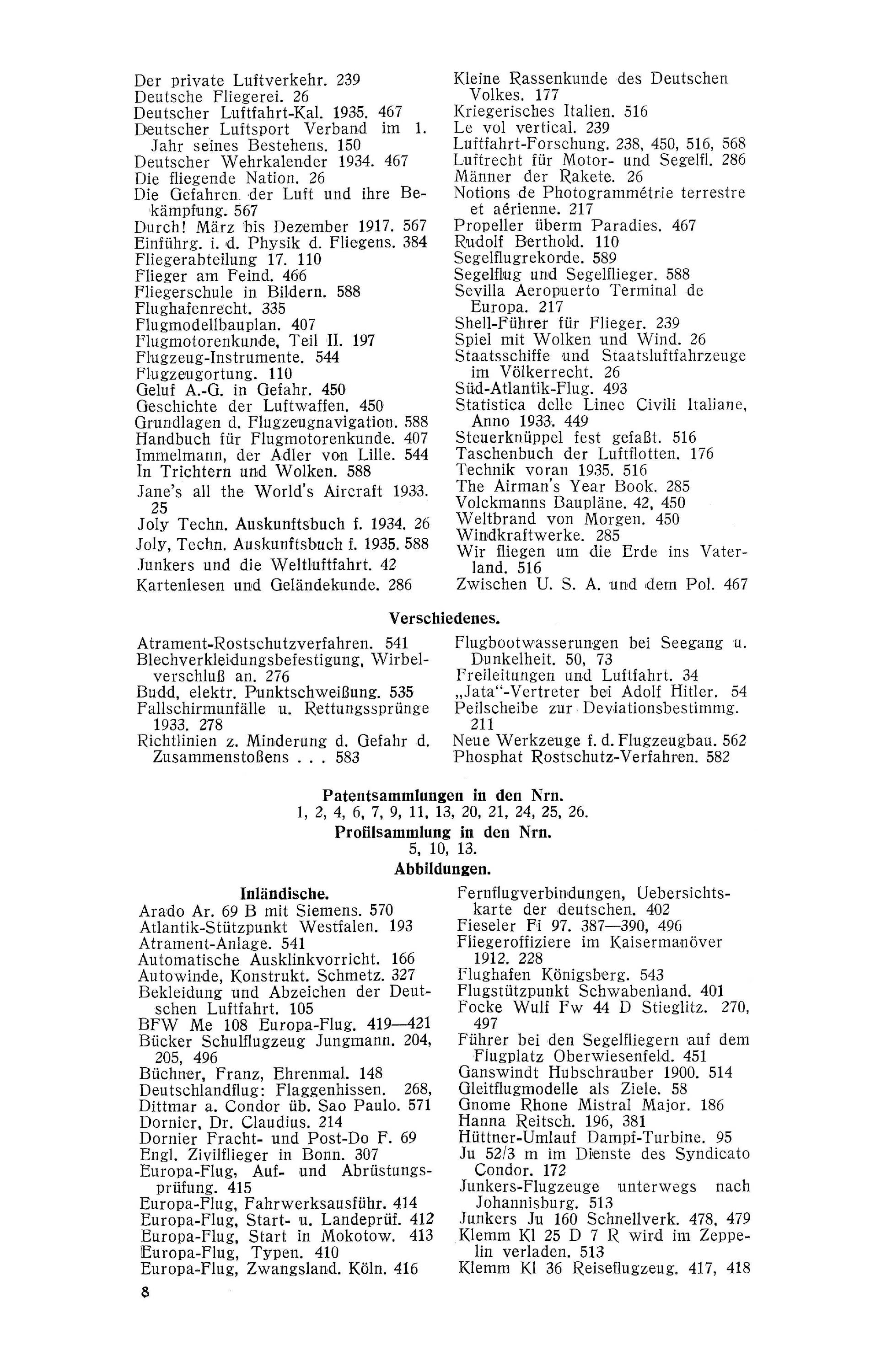 Sachregister und Inhaltsverzeichnis der Zeitschrift Flugsport 1934
