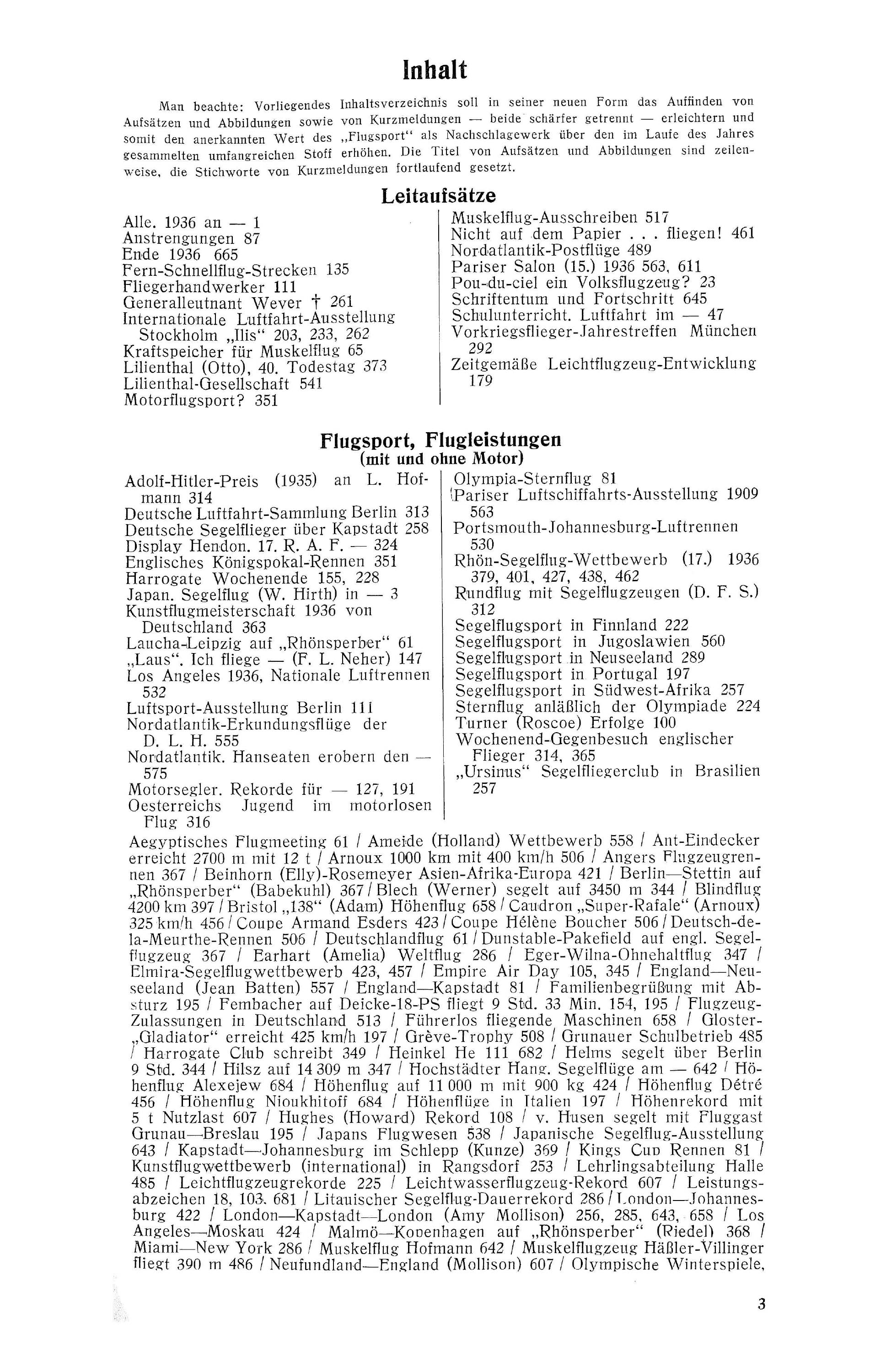Sachregister und Inhaltsverzeichnis der Zeitschrift Flugsport 1936