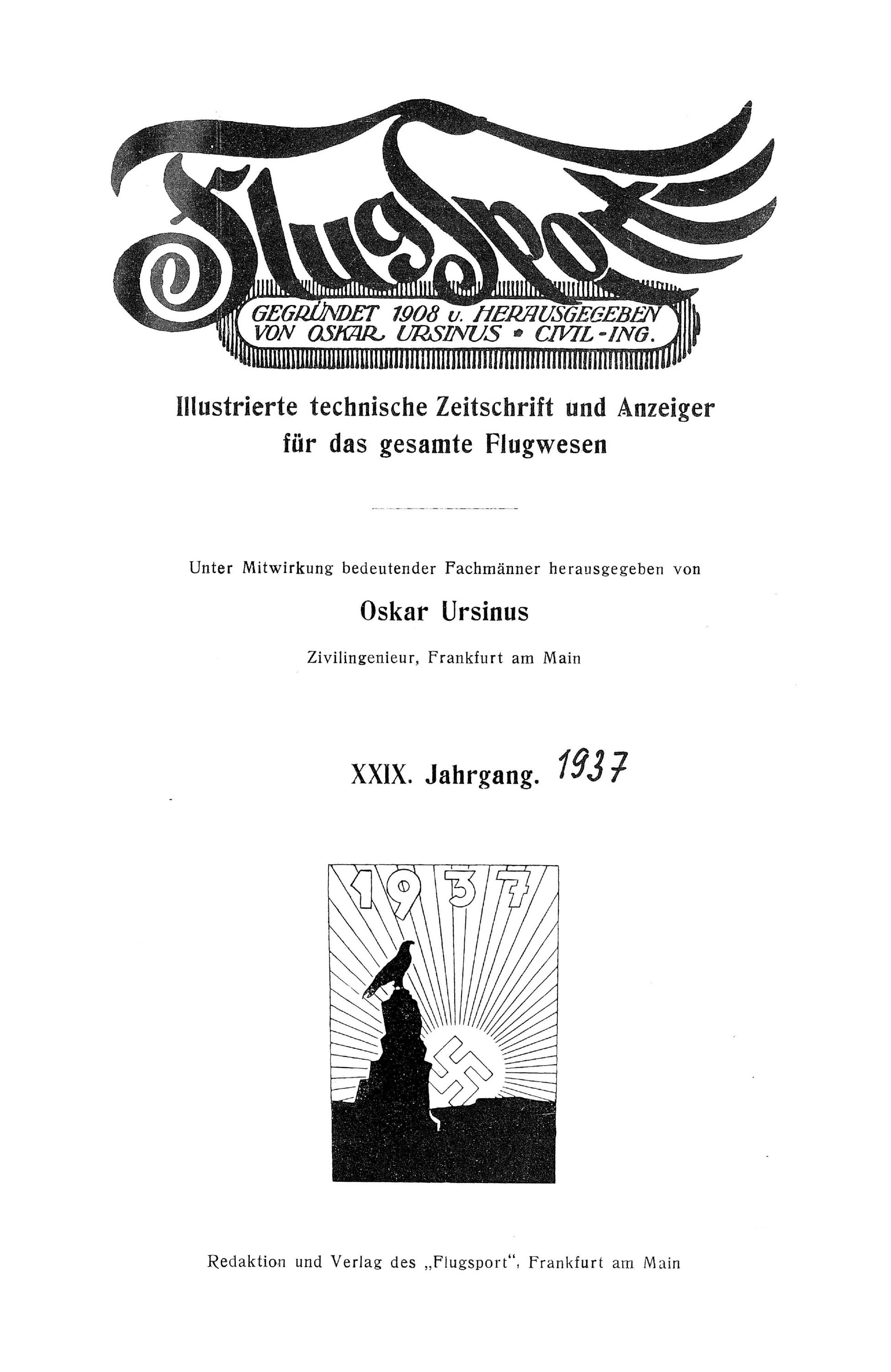 Sachregister und Inhaltsverzeichnis der Zeitschrift Flugsport 1937