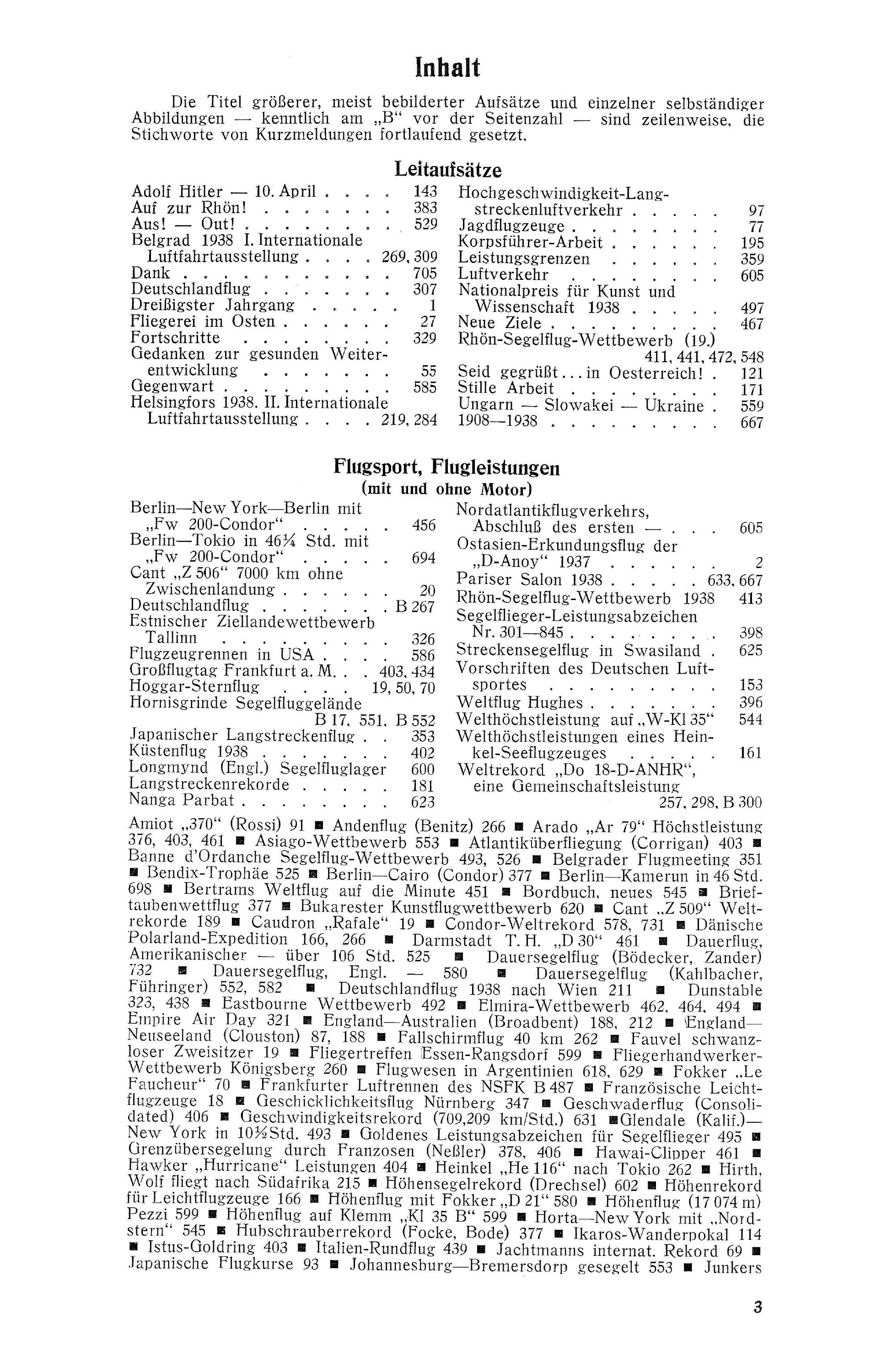 Sachregister und Inhaltsverzeichnis der Zeitschrift Flugsport 1938