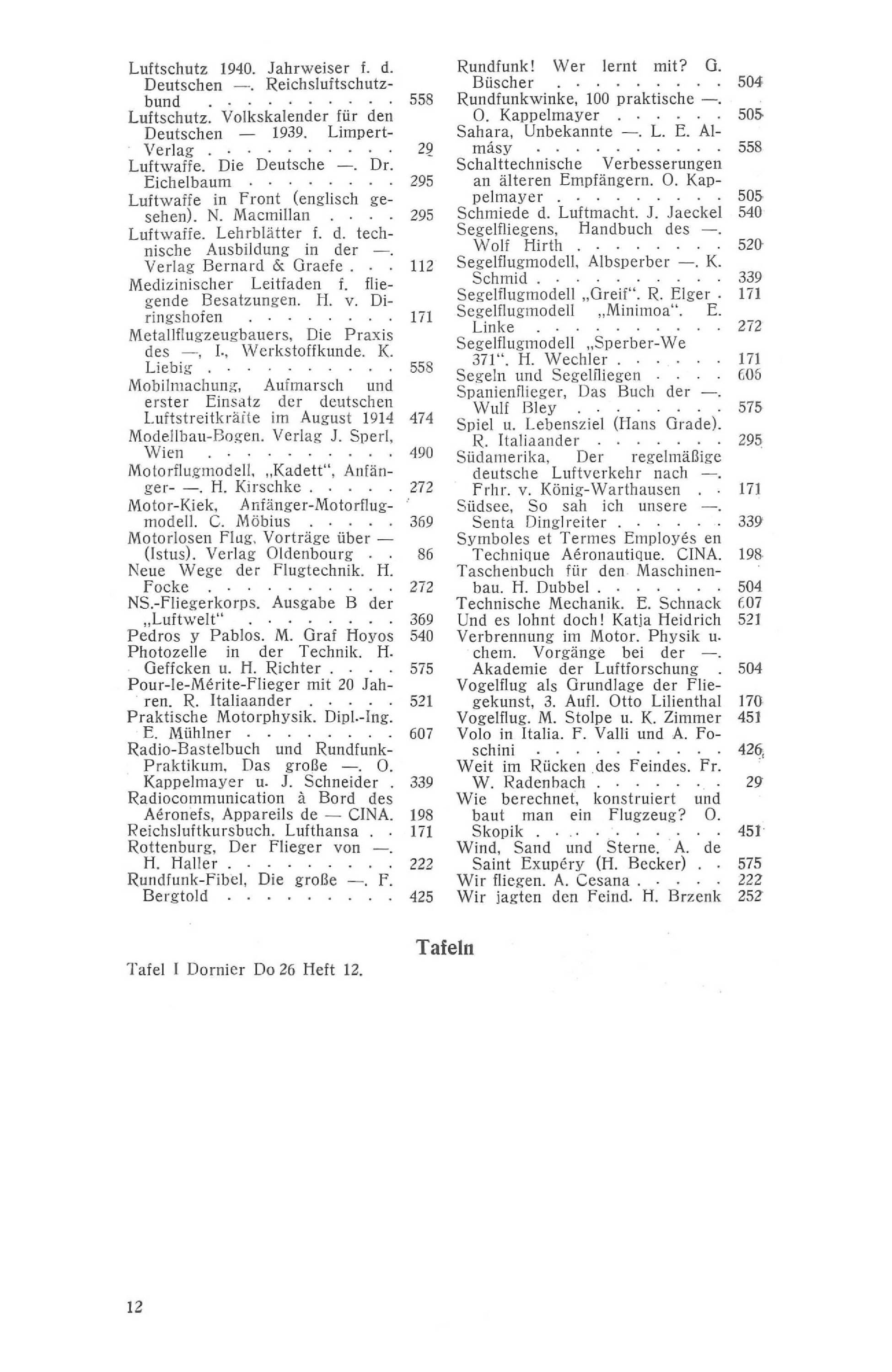 Sachregister und Inhaltsverzeichnis der Zeitschrift Flugsport 1939