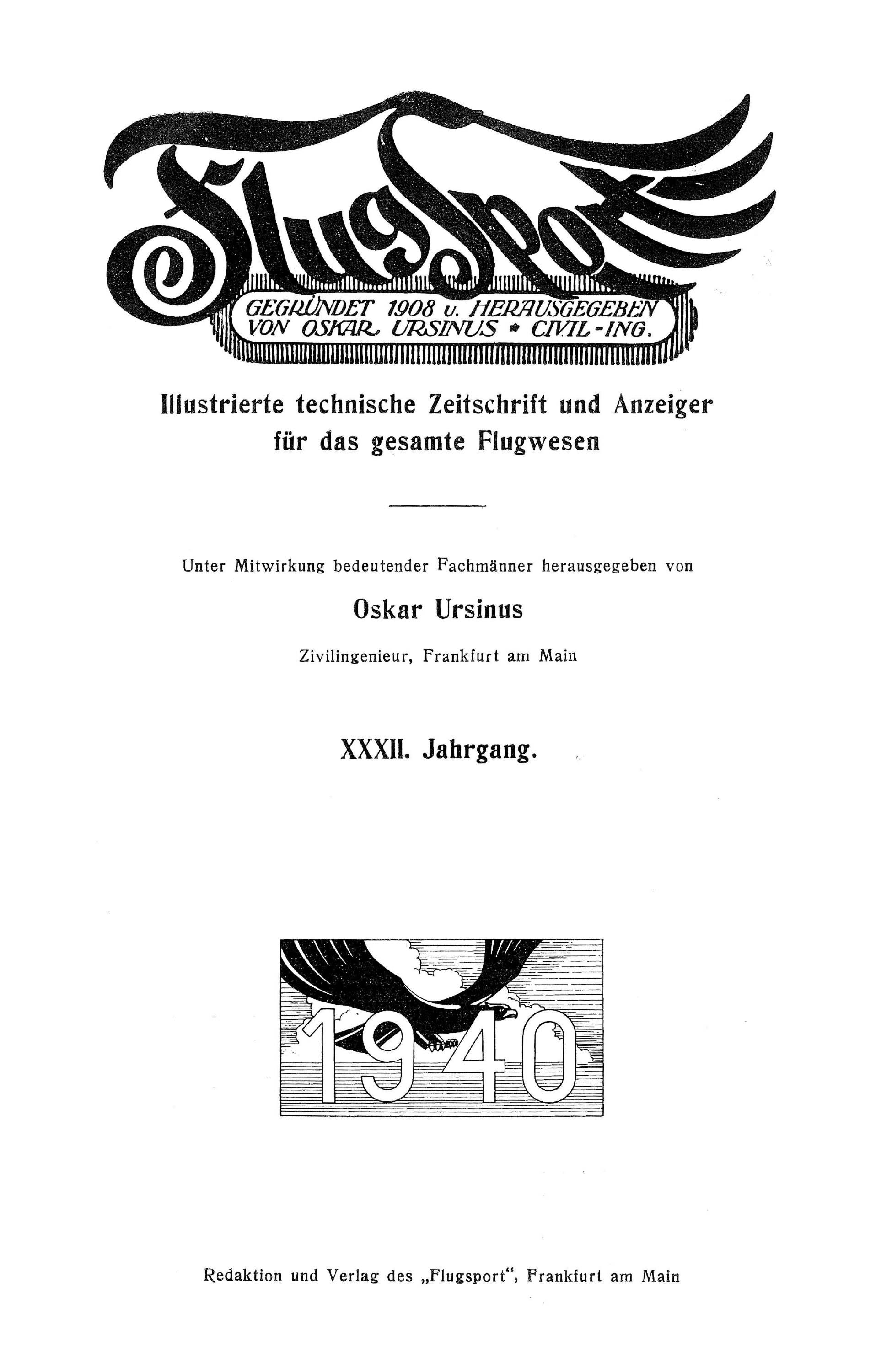 Sachregister und Inhaltsverzeichnis der Zeitschrift Flugsport 1940