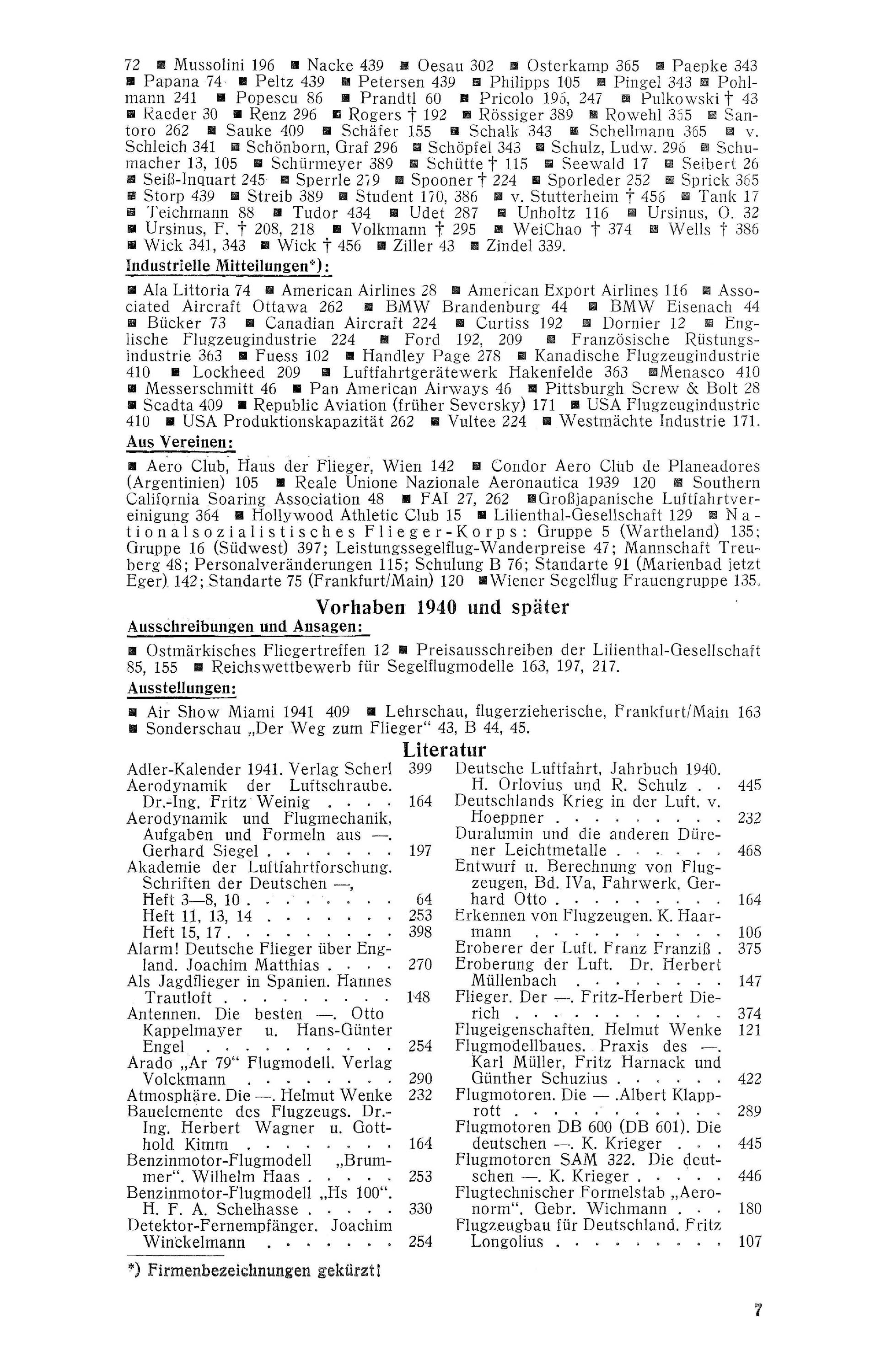 Sachregister und Inhaltsverzeichnis der Zeitschrift Flugsport 1940