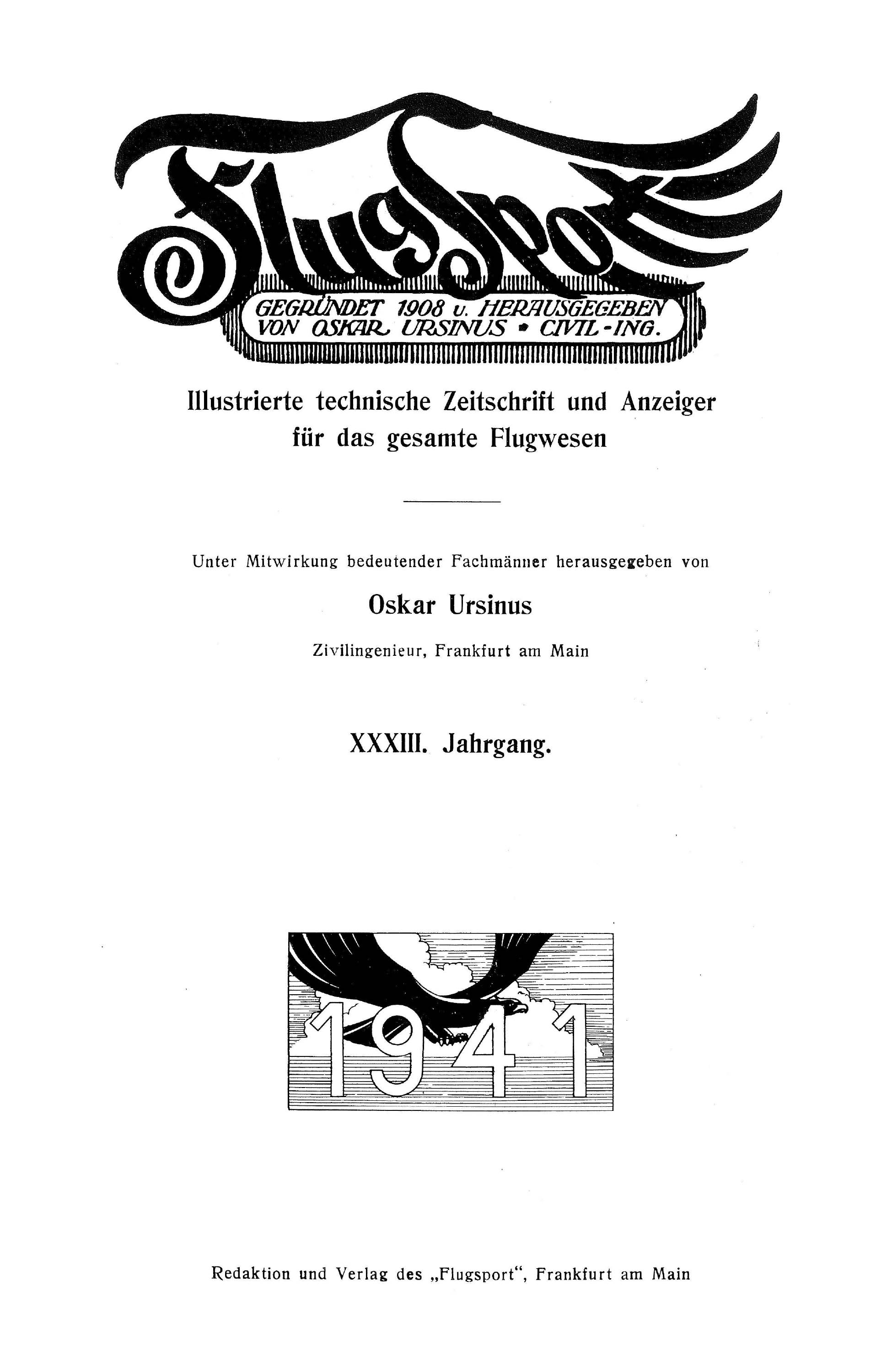 Sachregister und Inhaltsverzeichnis der Zeitschrift Flugsport 1941