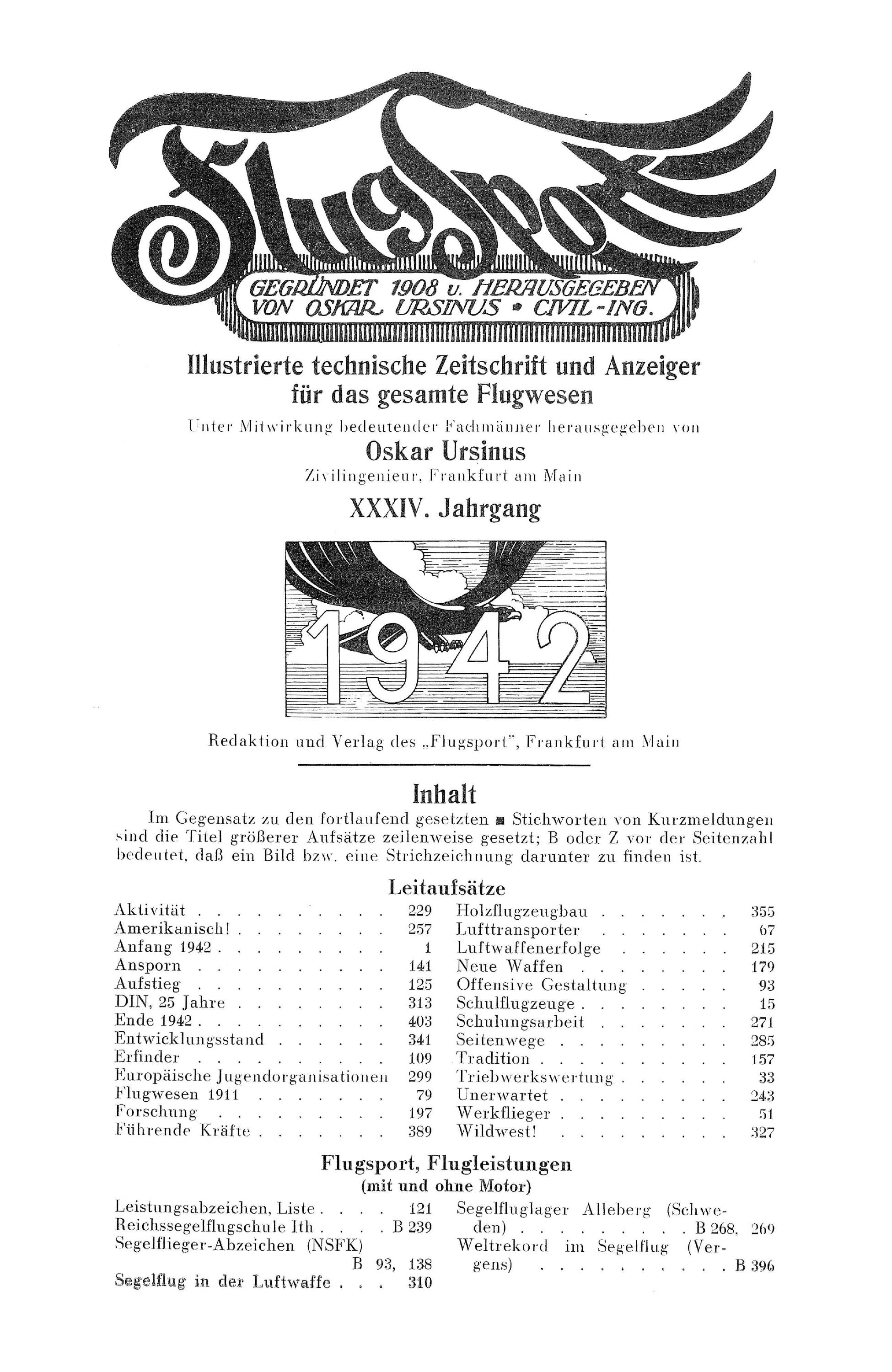 Sachregister und Inhaltsverzeichnis der Zeitschrift Flugsport 1942