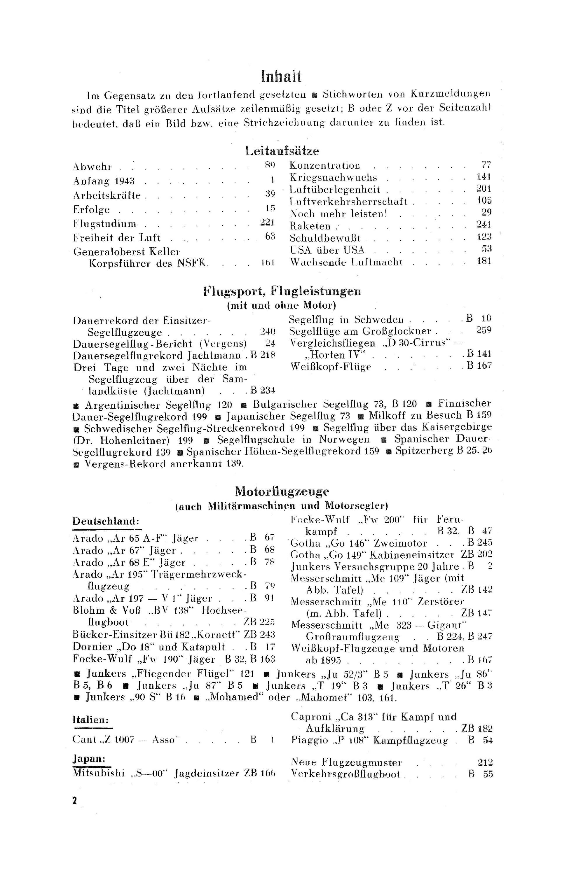 Sachregister und Inhaltsverzeichnis der Zeitschrift Flugsport 1943