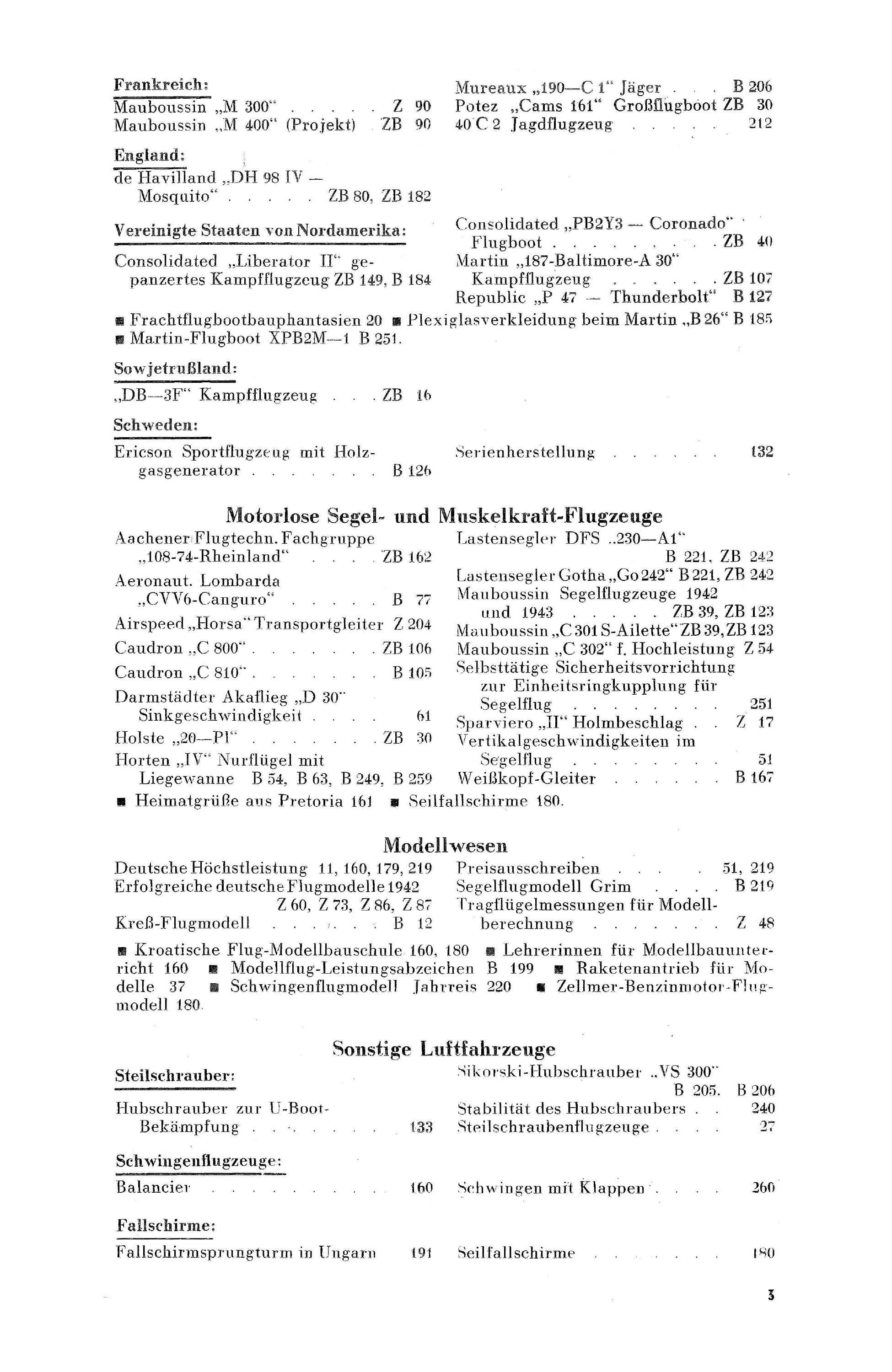 Sachregister und Inhaltsverzeichnis der Zeitschrift Flugsport 1943