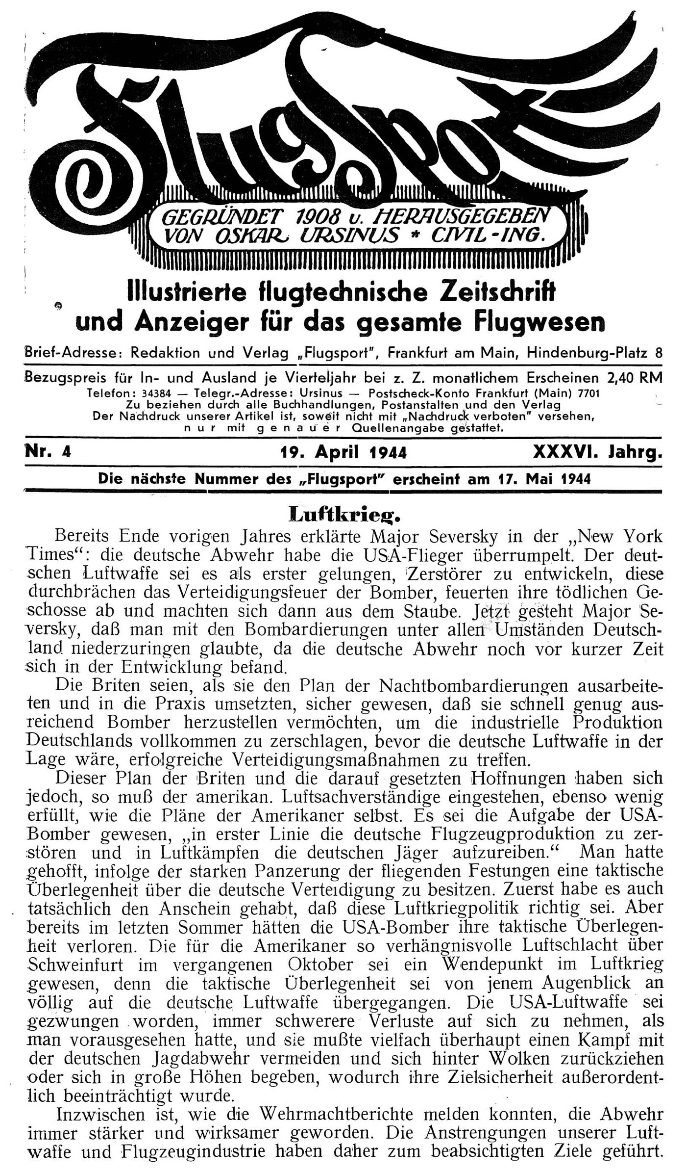Leseprobe Zeitschrift Flugsport vom 19. April 1944